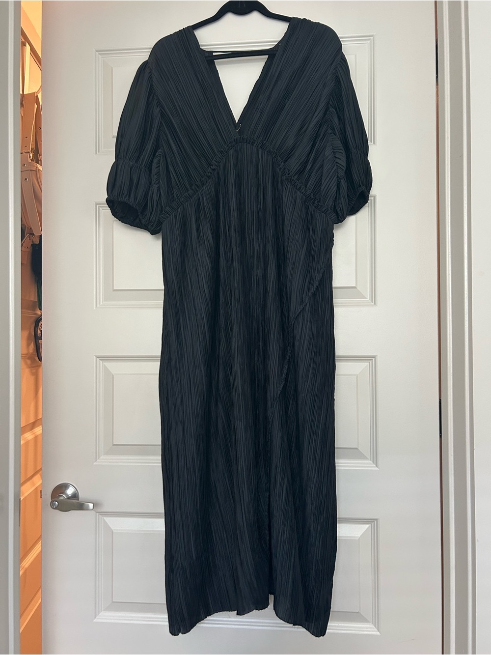 Anthropologie Black Pleated V-Neck Maxi Dress with Puff Sleeves